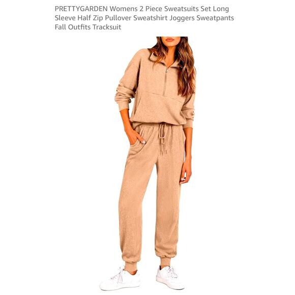 NWT PrettyGarden Womens 2 Piece Sweatsuit Set Tracksuit Khaki Large Half Zip - Picture 1 of 6